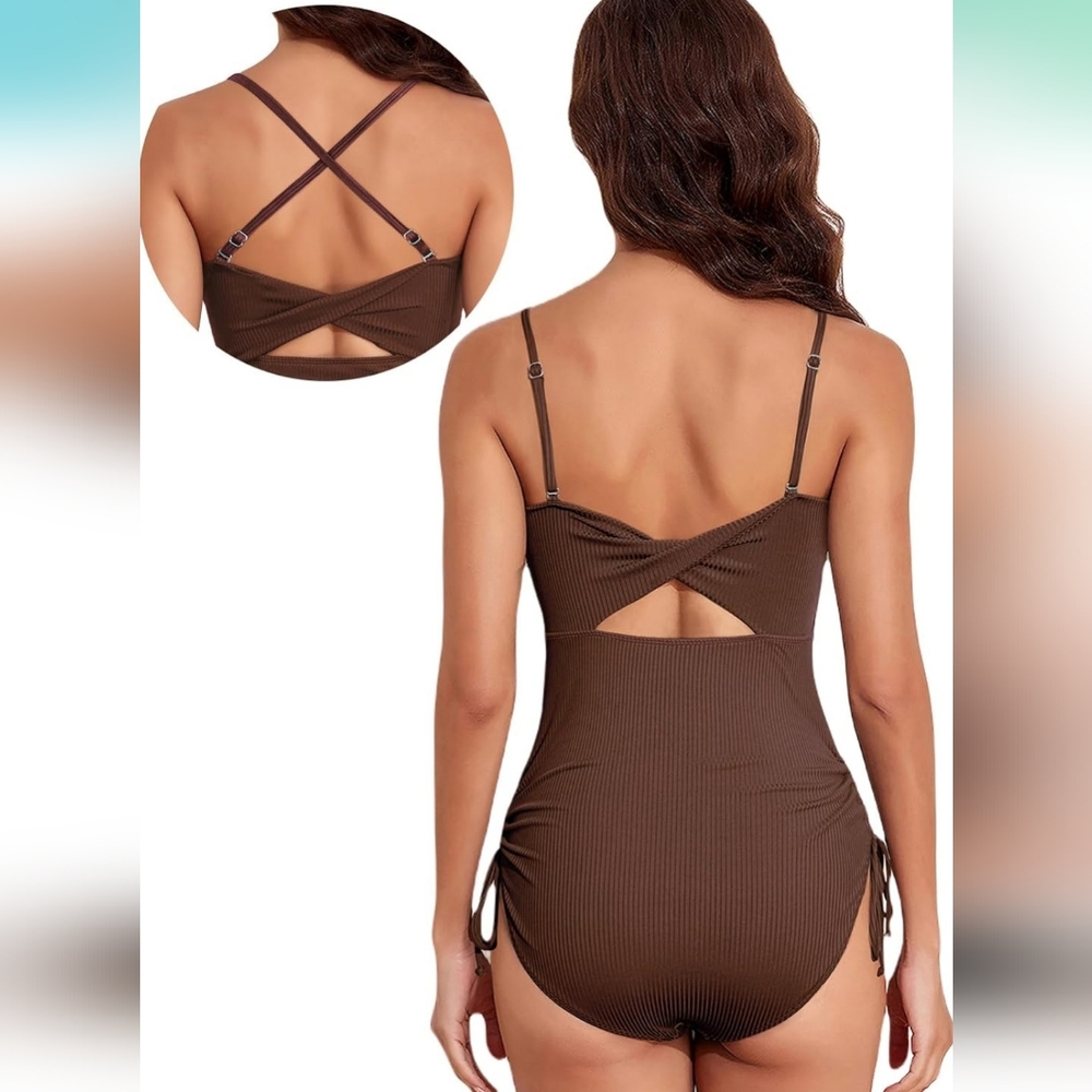 ALEUMDR Brown Ribbed Ruched Tie-up Swimsuit With Cutout - Picture 2 of 10